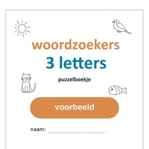 Może przedstawiać: Biały zeszyt ćwiczeń z tytułem "woordzoekers 3 letters" w kolorze pomarańczowym i turkusowym. Książka zawiera ilustracje słońca, kota, ptaka, ryby, autobusu i kłębka wełny. Pomarańczowy prostokąt zawiera napis "voorbeeld".