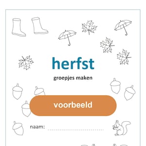 Op de afbeelding: Een zwart-wit werkblad met het woord "herfst" en de zin "groepjes maken". Het werkblad bevat verschillende herfstthema-afbeeldingen, waaronder eikels, eekhoorns, egels, paddenstoelen, bladeren en paraplu's. Het werkblad is ontworpen voor kinderen om te oefenen met het groeperen van objecten.