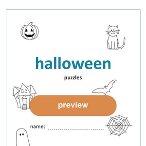 Op de afbeelding: Een zwart-witte, afdrukbare Halloween-puzzelwerkblad met een voorbeeld van de voltooide puzzel. De puzzel bevat een spook, een pompoen, een kat, een vleermuis, een spookhuis en een spinnenweb. De werkblad bevat de tekst "halloween puzzles" en "preview".