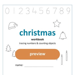 Może przedstawiać: Czarno-biała, drukowalna książka ćwiczeń świątecznych do śledzenia liczb i liczenia przedmiotów. Okładka zawiera podgląd książki ćwiczeń z tytułem "christmas workbook" i tekstem "tracing numbers & counting objects".
