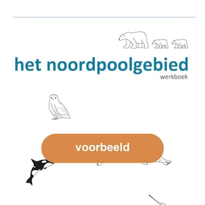 Op de afbeelding: Zwart-witte lijntekening van een ijsbeer, een uil, een walvis, een narwal en een zeehond. De tekst "het noordpoolgebied" staat in zwart bovenaan de pagina. De tekst "werkboek" staat in zwart onder de titel. De tekst "voorbeeld" staat in wit op een bruine rechthoek. De tekst "naam" staat in zwart onder de rechthoek.