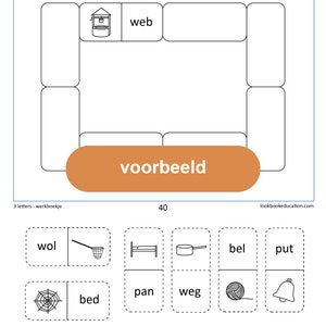 May include: A black and white worksheet with a mini domino game. The game is designed to help children learn words with three letters. The word "web" is shown as an example. The worksheet includes pictures of a well, a bed, a pan, a net, a spider web, a fishing net, a bell, a pot, a yarn ball, and a bell.