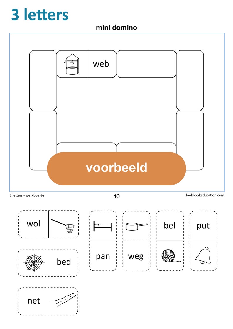 May include: A black and white worksheet with a mini domino game. The game is designed to help children learn words with three letters. The word "web" is shown as an example. The worksheet includes pictures of a well, a bed, a pan, a net, a spider web, a fishing net, a bell, a pot, a yarn ball, and a bell.