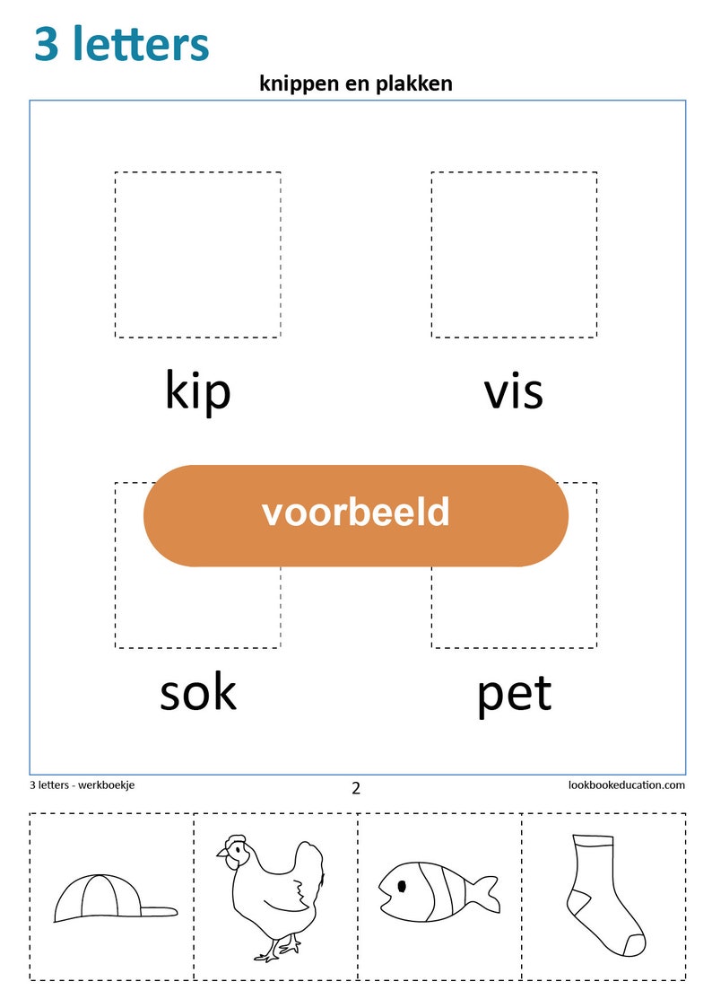 May include: A worksheet with a Dutch word list and images for a children's educational activity. The words are "kip", "vis", "sok", and "pet". The images are a chicken, a fish, a sock, and a hat.