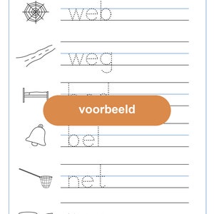 May include: A worksheet for learning to write the Dutch words "web", "weg", "bed", "net", and "pan". The words are written in dotted lines for tracing. The worksheet includes illustrations of a spider web, a road, a bed, a bell, a net, and a pan.