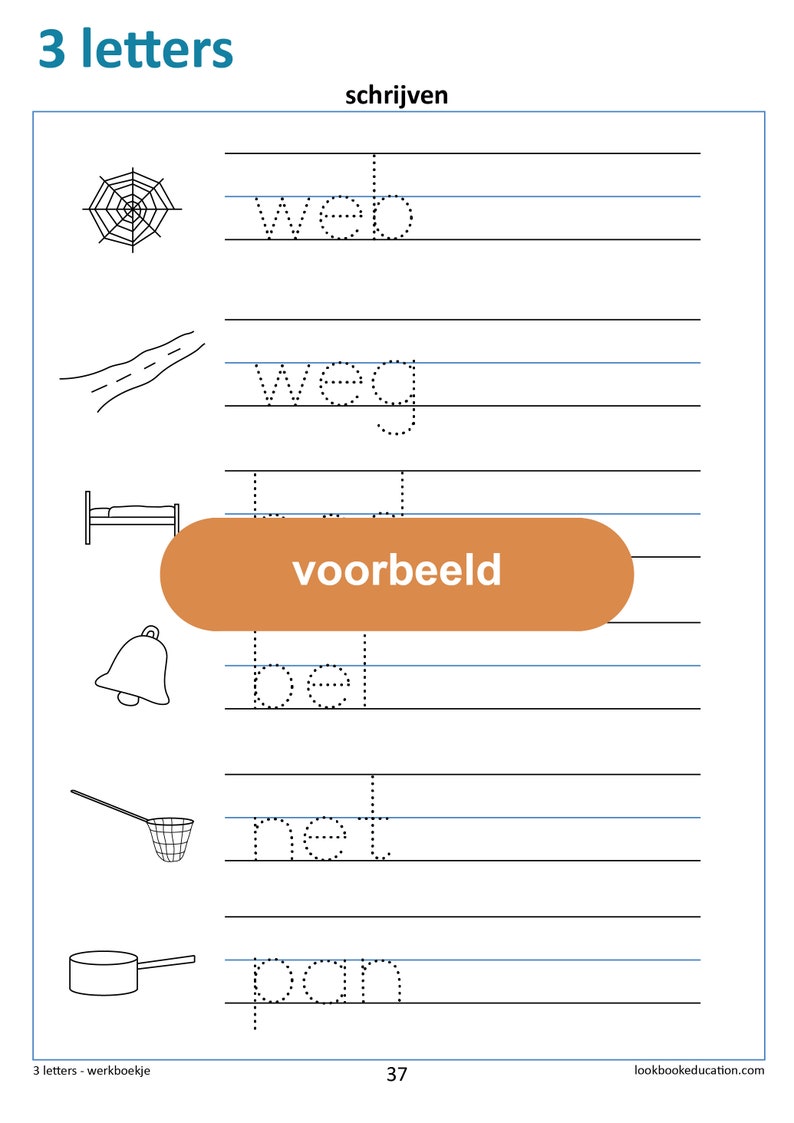 May include: A worksheet for learning to write the Dutch words "web", "weg", "bed", "net", and "pan". The words are written in dotted lines for tracing. The worksheet includes illustrations of a spider web, a road, a bed, a bell, a net, and a pan.