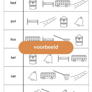 May include: A Dutch language educational worksheet with the words "3 letters" and "welk plaatje hoort erbij?" at the top. The worksheet has six rows with a Dutch word in the first column and five black and white illustrations in the remaining columns. The words are "bed", "put", "bus", "bel", "net", and "weg". The illustrations include a bed, a well, a bus, a bell, a net, and a path.
