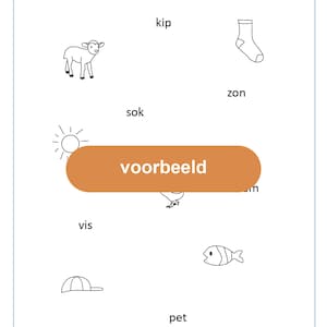 May include: A worksheet with a picture of a sun, a fish, a sock, a chicken, a lamb, a hat, a fish, and a sock. The worksheet asks the question "What goes together?" and includes the word "voorbeeld" which means "example" in Dutch.