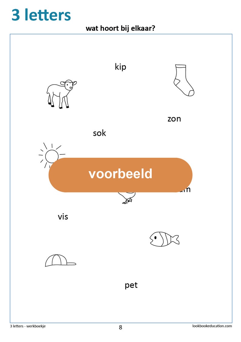 May include: A worksheet with a picture of a sun, a fish, a sock, a chicken, a lamb, a hat, a fish, and a sock. The worksheet asks the question "What goes together?" and includes the word "voorbeeld" which means "example" in Dutch.