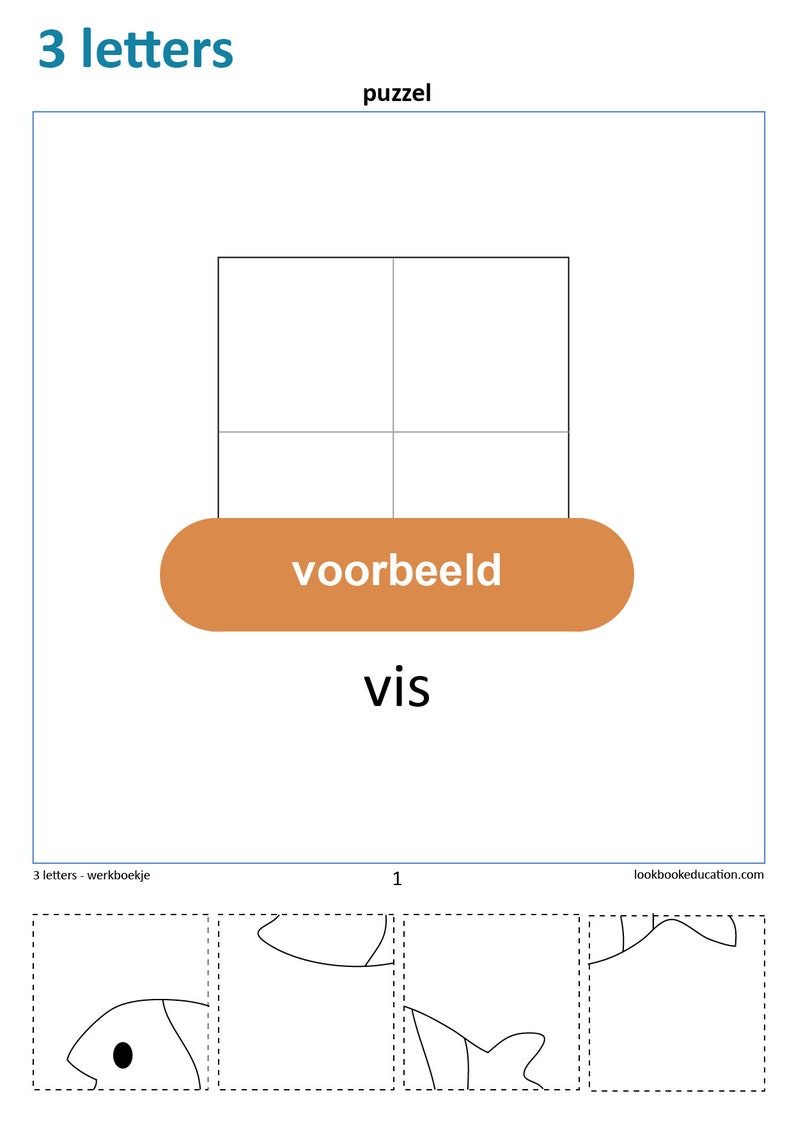 May include: A black and white illustration of a fish. The image is divided into four squares. The word "voorbeeld" is written in orange on a brown rectangle below the squares. The word "vis" is written below the rectangle. The image is part of a worksheet for learning Dutch.