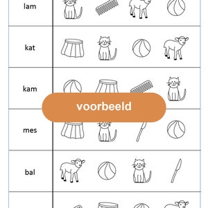 May include: A Dutch language educational worksheet with the title "3 letters" and the text "welk plaatje hoort erbij?"  The worksheet has a series of images and words, including a cat, a lamb, a comb, a skirt, a ball, a knife, and a  mes. The worksheet is designed to help children learn to associate words with images.