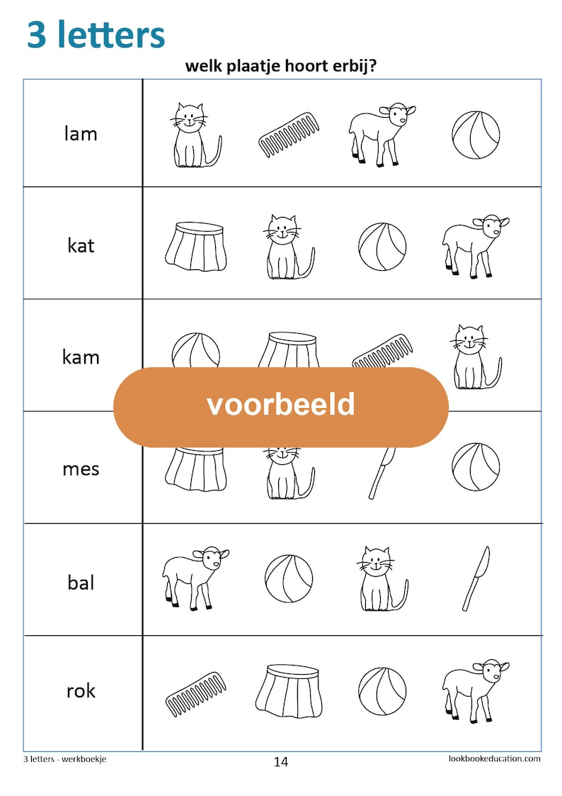 May include: A Dutch language educational worksheet with the title "3 letters" and the text "welk plaatje hoort erbij?"  The worksheet has a series of images and words, including a cat, a lamb, a comb, a skirt, a ball, a knife, and a  mes. The worksheet is designed to help children learn to associate words with images.