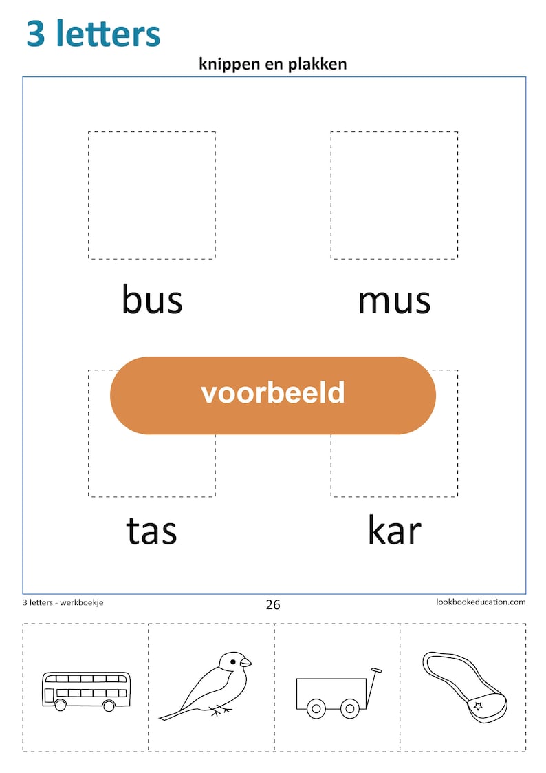 May include: A worksheet with a Dutch word list for a children's educational activity. The words are "bus", "mus", "tas", and "kar". There is a cut-out area for each word and a sample cut-out area with the word "voorbeeld".