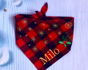 Personalized Christmas Dog Bandana: Embroidered Cotton Pet Scarf