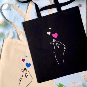 Korean Finger Love Symbol Tote Bag Korean Heart Shopping Bag Birthday Gift Canvas Shoulder Bag Aesthetic Korean Style Gift for Her
