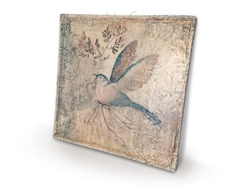 Pájaro con rama: Copia artesanal de un antiguo fresco de Pompeya. Pintura al temple sobre tabla, lentejuelas doradas, regalo exquisito, 30 cm.