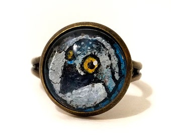 A Little bird ring. Handpainted ring, Christmas gift, unusual technique, soul sister gift, unique unusual ring, birdy, real painting 12 mm