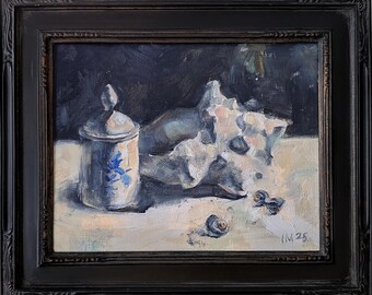 Porcelain Shells: A Serene Still Life Oil Painting, Original painting, Coastal aesthetic, Antique-style gothic frame, 13"x14", 33x35.5 cm