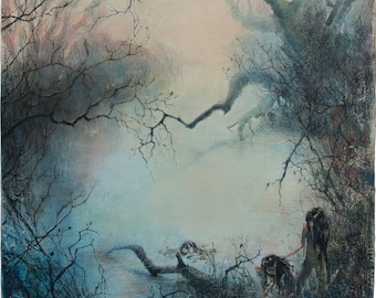 Dedo magullado: Fresco original, Ninfas en el lago del bosque brumoso, lugar tranquilo, Hadas del agua, Sirena, temple al huevo sobre yeso, 18"/25", 46/63 cm