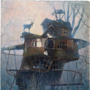 Puede incluir: Una pintura de una casa en un &aacute;rbol con una cabra en el techo. La casa en el &aacute;rbol est&aacute; hecha de madera y tiene un porche. La casa en el &aacute;rbol est&aacute; rodeada de &aacute;rboles y ramas. La pintura est&aacute; hecha en un estilo oscuro y melanc&oacute;lico.