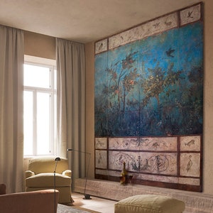 Ancient Roman fresco copy - COMISSION ONLY, Pompeii, Rome, paradise garden, foggy forest, Villa Livia, antique, 9.3/7.4feet, 2.8/2.3m