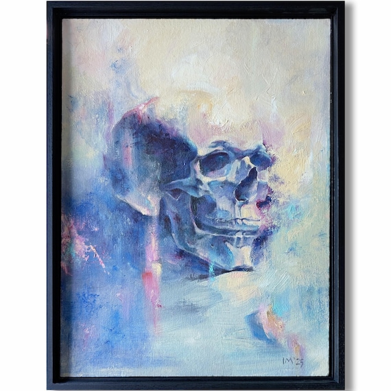 Irridescent Skull: Oil Painting, Modern Frame, Surreal Mindscape, Luminous Soft surrealism, Thought-provoking, contemporary, 13x17", 33x43cm