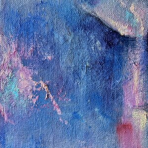 May include: Close-up of an abstract painting with a textured canvas. The artwork features a blend of blues, purples, and pinks, with visible brushstrokes creating depth and movement. The colors are layered, suggesting a dynamic and expressive piece.