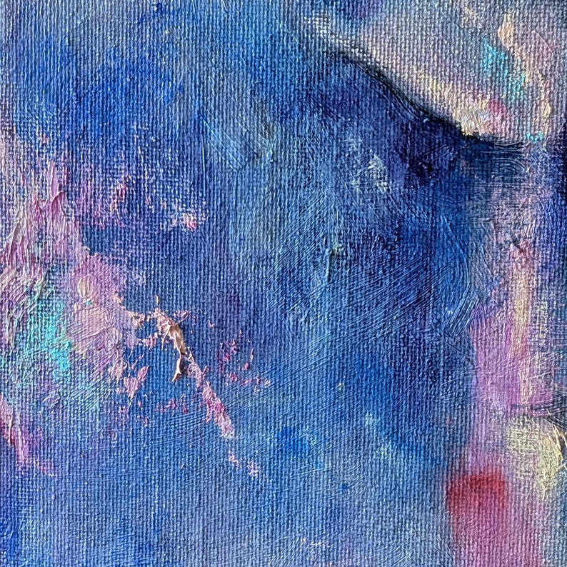 May include: Close-up of an abstract painting with a textured canvas. The artwork features a blend of blues, purples, and pinks, with visible brushstrokes creating depth and movement. The colors are layered, suggesting a dynamic and expressive piece.