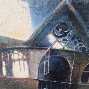 Puede incluir: Una pintura que representa el interior de un edificio, con una gran ventana arqueada y una ventana m&aacute;s peque&ntilde;a encima. Las ventanas est&aacute;n enmarcadas en madera oscura y las paredes est&aacute;n pintadas en tonos de marr&oacute;n y azul. La luz de las ventanas proyecta un c&aacute;lido resplandor en las paredes.