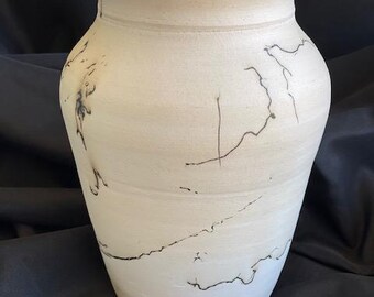 Raku Vase With Horse Hair, White And Black Pottery, Horse Hair Pottery