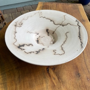 May include: A white ceramic bowl with a wide rim and a deep center. The bowl has a unique design of black lines that resemble burnt markings.