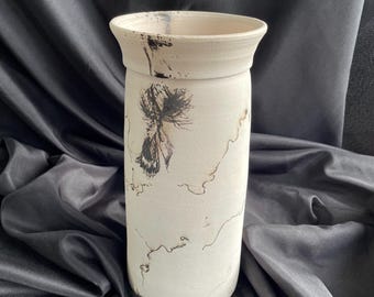 Raku Vase With Horse Hair, White And Black Pottery, Horse Hair Pottery