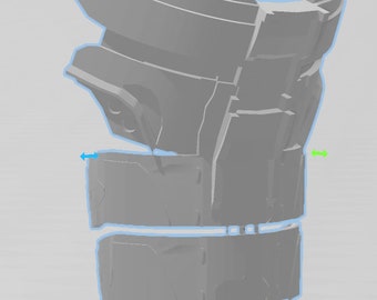 May include: A 3D printed model of a futuristic armor piece, featuring a layered design with a textured surface. The armor is gray and has a segmented appearance.