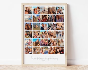 May include: A framed collage of family photos with a white background. The photos are arranged in a grid pattern and show a variety of people, including children, adults, and couples. The text "The love of a family is life's greatest blessing" is printed below the photos.