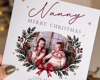 Personalised Nanny Christmas Card, Custom Photo Wreath Design (6x6 Inch)