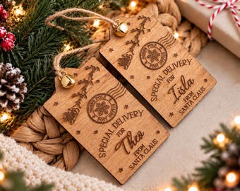 Personalised Santa Gift Tag, Engraved Wooden Christmas Present Tag, Special Delivery