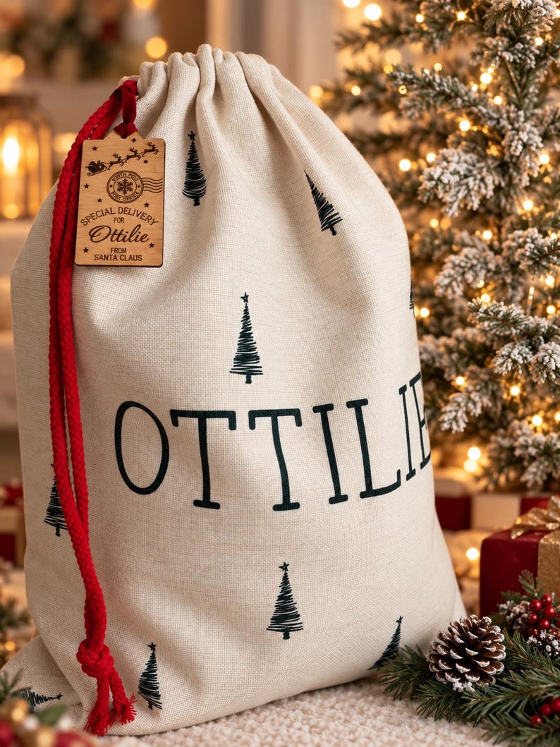K&ouml;nnte beinhalten: Ein beigefarbener Geschenksack mit Kordelzug, bedruckt mit einem schwarzen Muster aus Tannenb&auml;umen und dem Namen OTTILIE in gro&szlig;en Buchstaben. Ein roter Kordelzug verschlie&szlig;t den Sack, und ein Holzanh&auml;nger tr&auml;gt die Aufschrift SPECIAL DELIVERY FOR OTTILIE FROM SANTA CLAUS.