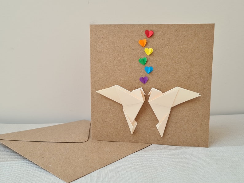 Carte de mariage tourtereaux arc-en-ciel, colombes d'amour origami et coeurs arc-en-ciel, fiançailles, anniversaire gay, carte de mariage gay, mariage arc-en-ciel, fierté image 3