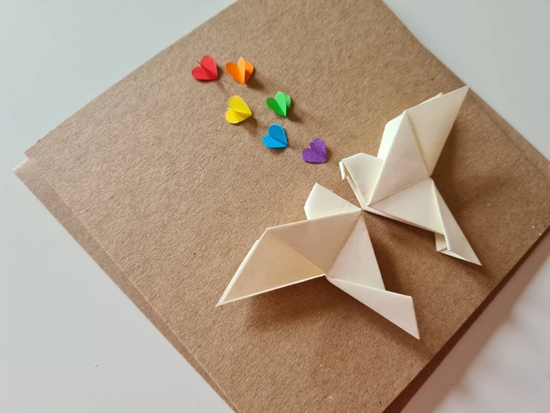 Rainbow Lovebirds Wedding Card, Origami Love Doves and Rainbow Hearts, Engagement, Gay Anniversary, Gay Wedding Card, Rainbow Wedding, Pride image 9