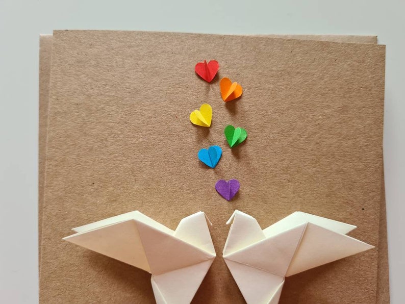 Rainbow Lovebirds Wedding Card, Origami Love Doves and Rainbow Hearts, Engagement, Gay Anniversary, Gay Wedding Card, Rainbow Wedding, Pride image 7