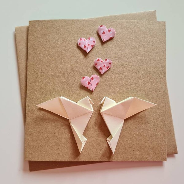 Lovebirds Wedding Card, Origami Love Doves and Hearts, Wedding Day, Engagement, Anniversary, Would-be Wedding Day, Pouch for Money Gift