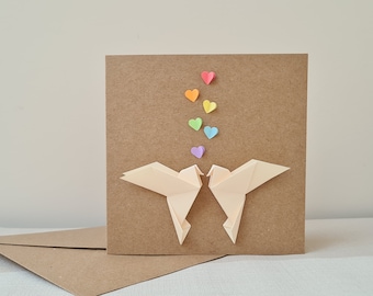 Pastel Rainbow Wedding Card, Origami Doves and Rainbow Hearts, Cute Lovebirds, Unique Engagement Card, Gay Anniversary