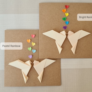 Rainbow Lovebirds Wedding Card, Origami Love Doves and Rainbow Hearts, Engagement, Gay Anniversary, Gay Wedding Card, Rainbow Wedding, Pride image 2