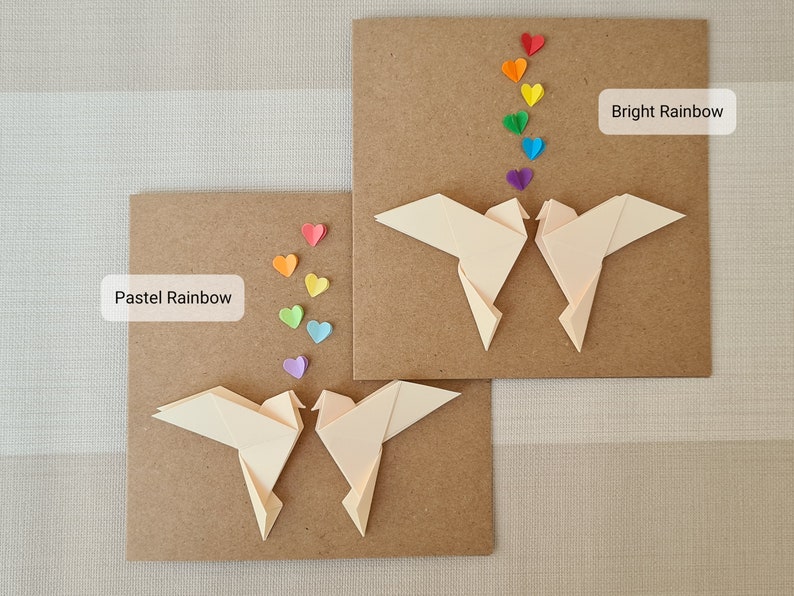 Rainbow Lovebirds Wedding Card, Origami Love Doves and Rainbow Hearts, Engagement, Gay Anniversary, Gay Wedding Card, Rainbow Wedding, Pride image 2