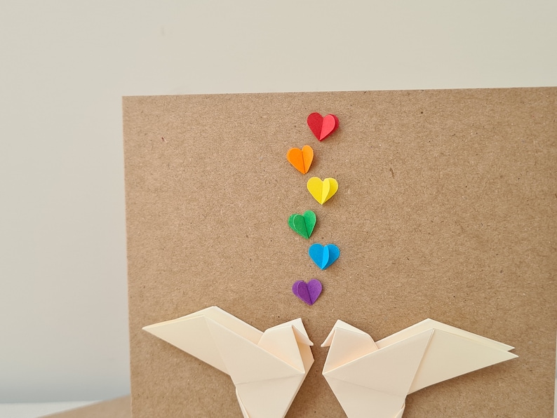 Rainbow Lovebirds Wedding Card, Origami Love Doves and Rainbow Hearts, Engagement, Gay Anniversary, Gay Wedding Card, Rainbow Wedding, Pride image 4