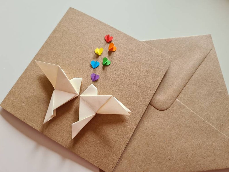 Rainbow Lovebirds Wedding Card, Origami Love Doves and Rainbow Hearts, Engagement, Gay Anniversary, Gay Wedding Card, Rainbow Wedding, Pride image 8