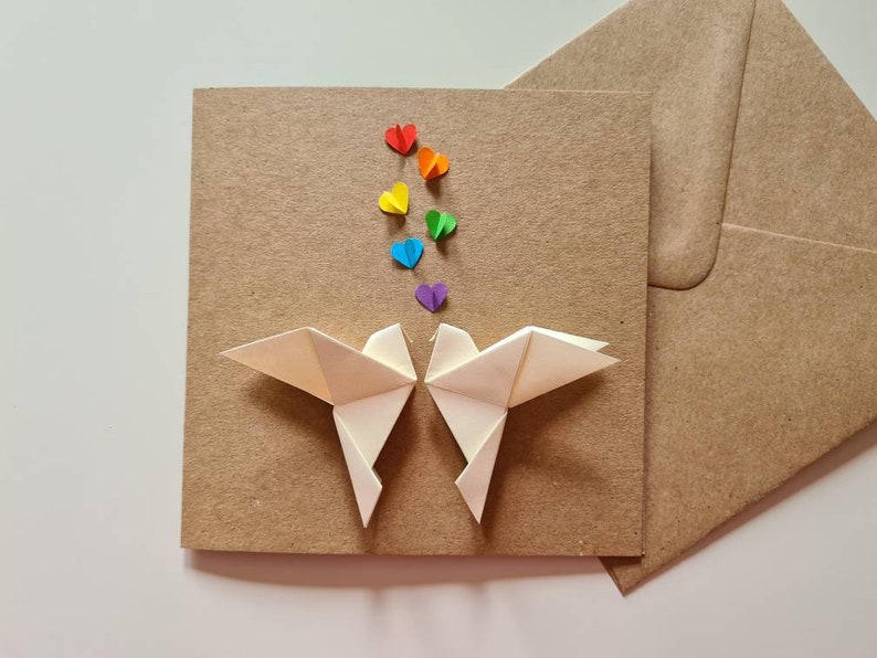 Rainbow Lovebirds Wedding Card, Origami Love Doves and Rainbow Hearts, Engagement, Gay Anniversary, Gay Wedding Card, Rainbow Wedding, Pride image 6