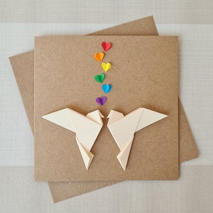 Rainbow Lovebirds Wedding Card, Origami Love Doves and Rainbow Hearts, Engagement, Gay Anniversary, Gay Wedding Card, Rainbow Wedding, Pride image 1