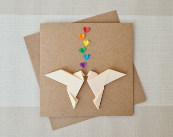 Tarjeta de boda Rainbow Lovebirds, Origami Love Doves y Rainbow Hearts, Compromiso, Aniversario Gay, Tarjeta de Boda Gay, Boda Arco Iris, Orgullo