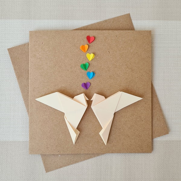 Rainbow Lovebirds Wedding Card, Origami Love Doves and Rainbow Hearts, Engagement, Gay Anniversary, Gay Wedding Card, Rainbow Wedding, Pride
